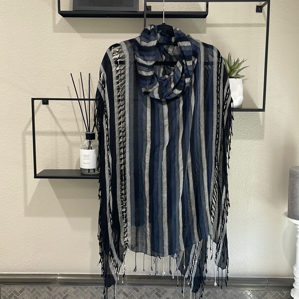 Free People Fringe Poncho - Blue and Gray